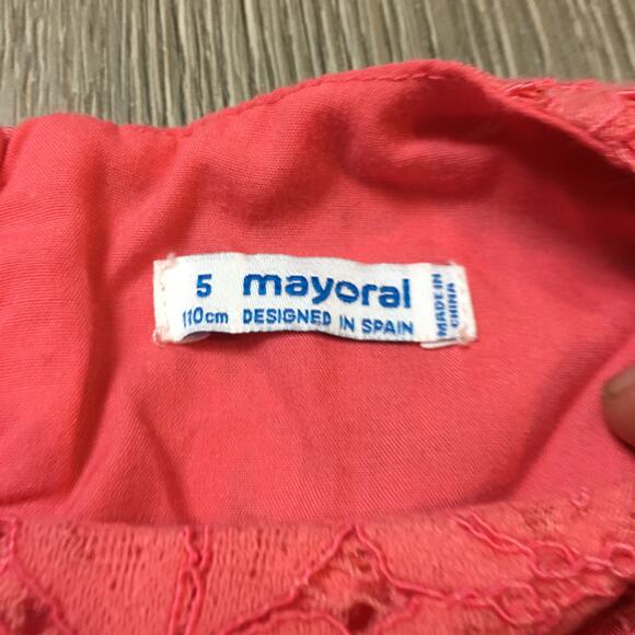 Mayoral Spain Cut Out Lace Coral Flutter Sleeve Toddler Girl Swing Dress 5T - Picture 2 of 8